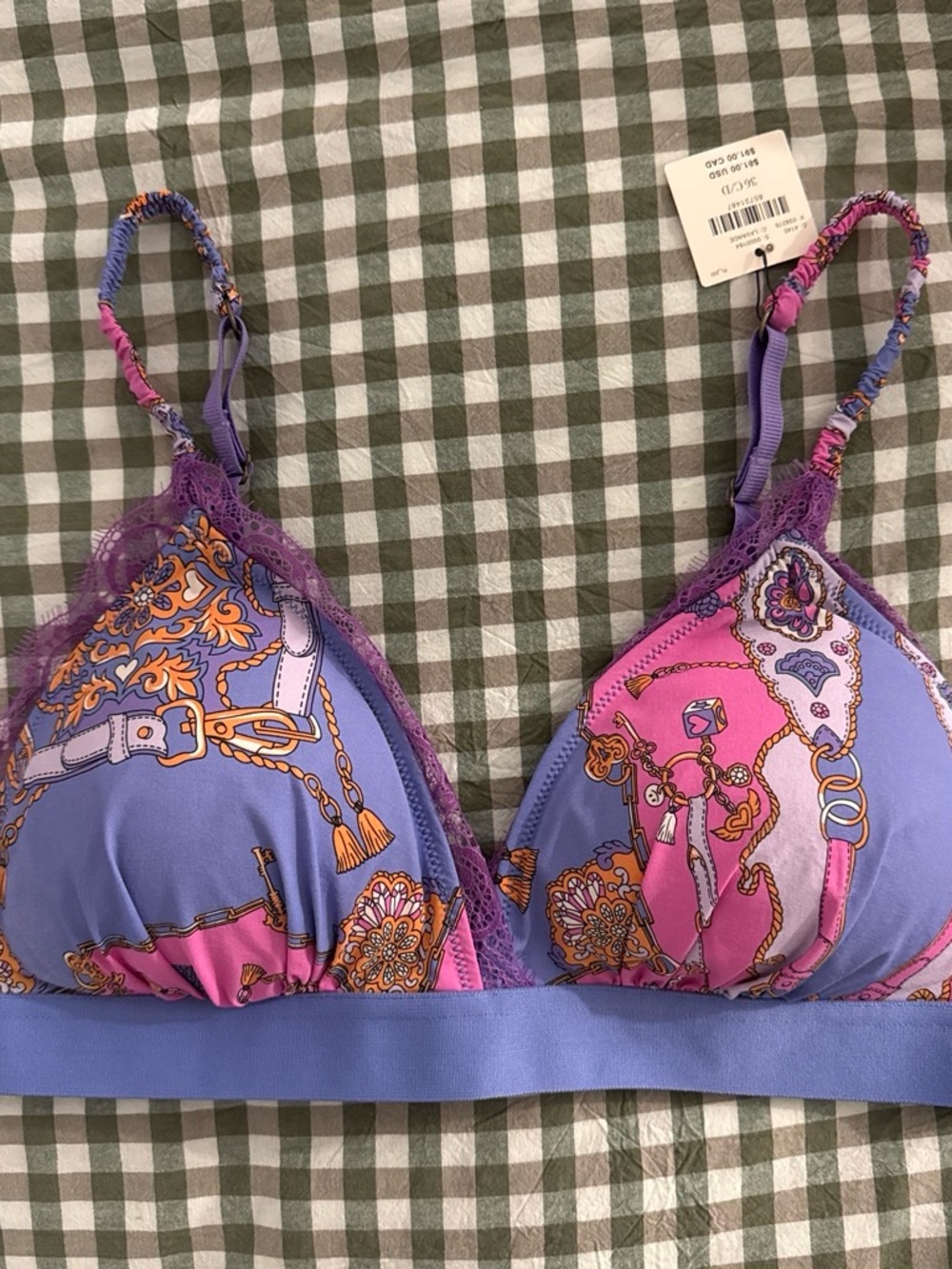 Anthropologie Lavender and Pink Printed Lace-Trim Bralette